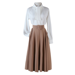 定制罗马假日赫本同款连衣裙法式高级感套装长袖白衬衫中长款半裙