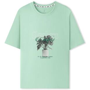 斯凯奇男女同款绿植印花ins针织短袖T恤衫舒适柔软百搭