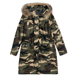 户外军迷休闲棉服女士军大衣加厚棉真毛领棉衣外套中长款迷彩棉袄