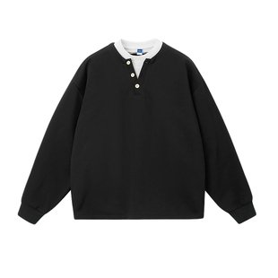 悟空有货复古假两件亨利领长袖T恤男秋季宽松休闲内搭打底衫体恤