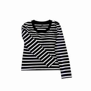 条纹长袖女带胸垫的春秋2025免穿文胸圆领上衣修身罩杯一体打底衫