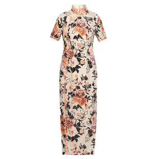 木真了复古短袖长旗袍春新品女裙烂花绒修身中式宴会礼服621