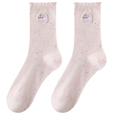 caramella袜子女2026春秋新款女袜可爱刺绣中筒袜花边网眼透气棉