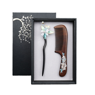 中国风非遗缠花发簪檀木梳子礼盒装节日礼品套装送女友生日礼物
