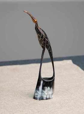 邱峰邱师傅竹木真牛角雕刻仙鹤鸟牛角鸟工艺品玄关装饰白鹤鸟摆件