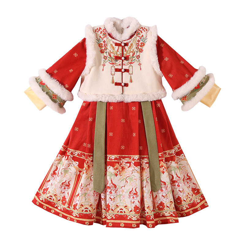 拜年服女童2026新款明制汉服冬装儿童国风女孩新年红色喜庆过年服