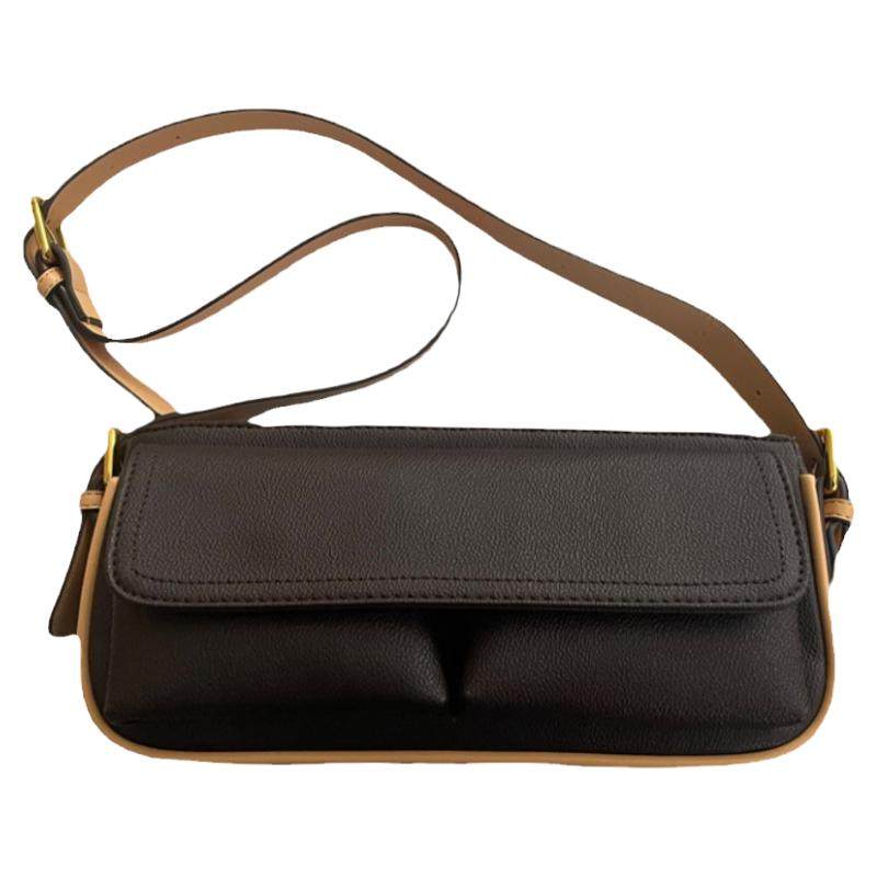 韩国新品自制复古单肩包咖啡色中古腋下包时尚休闲双口袋斜挎包女