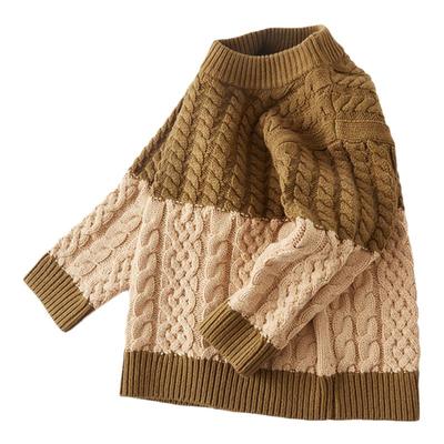 moomoo童装男童半高领拼色绞花毛衣秋冬新款儿童蓬松撞色毛衣加厚