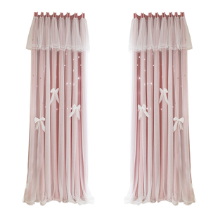 双层蕾丝遮光星星韩式窗帘粉色卧室客厅飘窗定制窗帘公主风成品