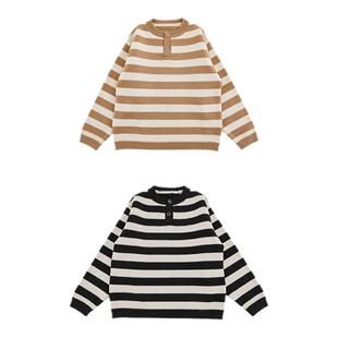 幼悠男童2025新款圆领撞色条纹毛衣冬季厚实保暖宽松显瘦针织衫潮