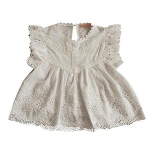 女童上衣短袖棉夏装韩版童装洋气时髦镂空花边儿童女宝宝公主体恤