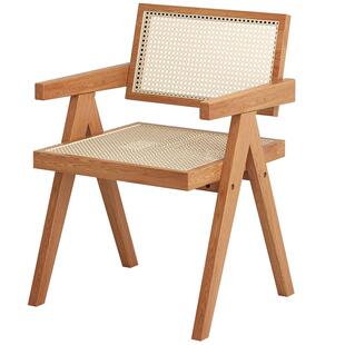 三梦实木椅子餐椅家用昌迪加尔椅中古风复古藤编椅餐桌椅靠背凳子