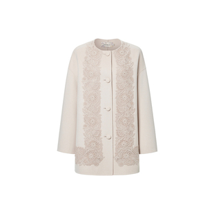 【马上有戏】VGRASS26早春新款水溶刺绣绵羊毛混纺毛呢圆领短大衣