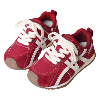 真皮红色男童运动鞋女儿童板鞋