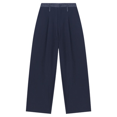 Basic House/百家好藏青色宽松直筒西装裤女春季新款莱赛尔休闲裤