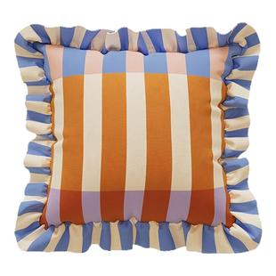 海岸记忆高级感条纹荷叶边客厅沙发抱枕车载椅子圆柱形腰枕可拆洗