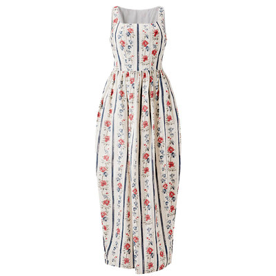 青花瓷郁金香复古高腰收腰大方领