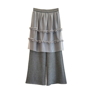 假两件阔腿裤女加绒加厚冬季蕾丝围裙半身网纱罩裙叠穿屁帘直筒裤