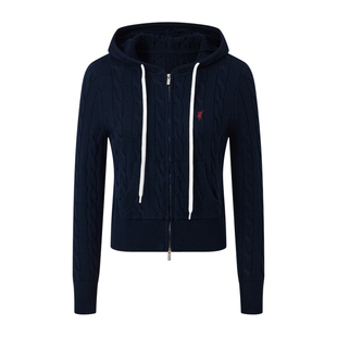 POLOWALK女式长袖针织衫2026春季新品连帽绞花撞色抽绳针织开衫