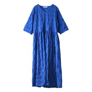 高级感克莱因蓝原创纯棉波点袍子连衣裙夏款大码巨显白长裙女旅行