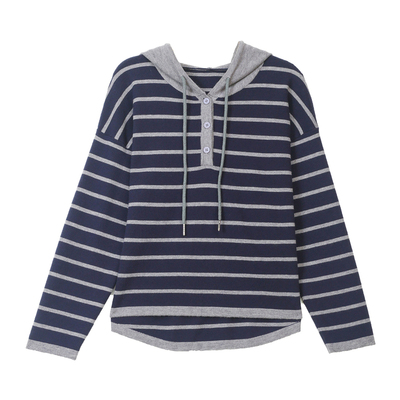 恒源祥100%羊毛连帽条纹女针织衫