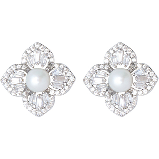 方糖家 轻奢高级感天然珍珠锆石四叶花耳钉2026新款耳环巨好看女