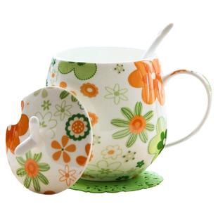 唐山骨瓷杯子马克杯陶瓷水杯带盖勺可爱女生情侣杯咖啡杯早餐杯