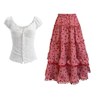 SankoFan【南洋小姐】法式田园少女红格纹蛋糕裙＋一字肩上衣套装