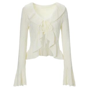 【商场同款】糖力 浪漫闺房 长袖绑带荷叶边挑孔针织衫开衫女短款