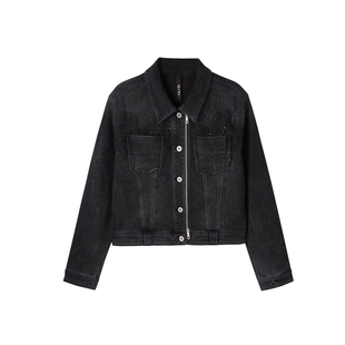 U/TI黑色棉感高腰牛仔外套女 百搭正肩短款上衣尤缇 2025春季新款