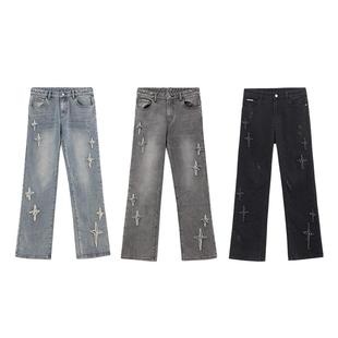 【夏之光同款】ics丨iconslab十字星微喇裤做旧牛仔裤设计感裤子