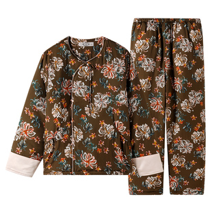 美标三层加厚夹棉睡衣女秋冬保暖可外穿里料纯棉全棉新中式家居服