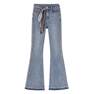 MISSCOCOON可可尼复古铆钉微喇裤女2026春季新款系带棉质牛仔裤