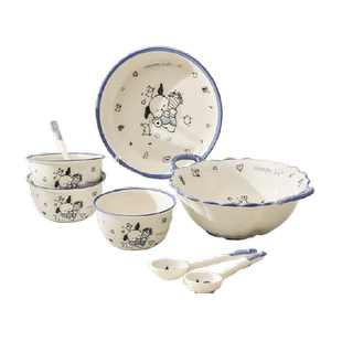 佩尔森可爱卡通碗碟套装家用陶瓷盘子碗筷勺子手柄碗一二人食餐具