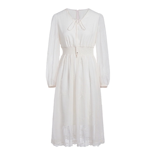 FIVE PLUS雪纺绣花连衣裙女法式浪漫度假风小白裙2025新款女春装