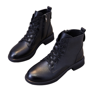 真皮马丁靴女秋冬加绒加厚黑色靴子2026新款百搭平底大码粗跟短靴