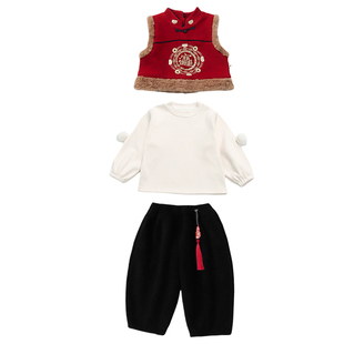 女童中国风新年拜招财进宝年服三件套冬季加绒加厚唐装套装