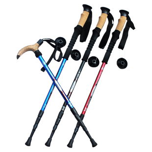 丛林豹户外登山杖 正品7075登山杖 三节软木直柄T柄徒步健走手杖