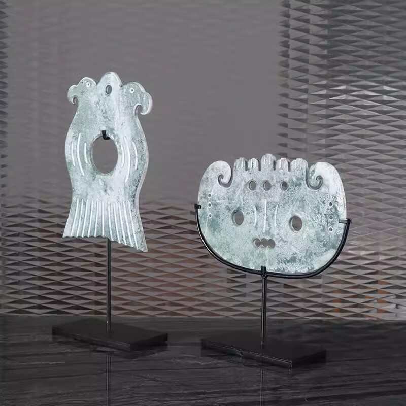 现代新中式创意雕刻玉石玉璧摆件家居样板间酒店客厅玄关软装饰品