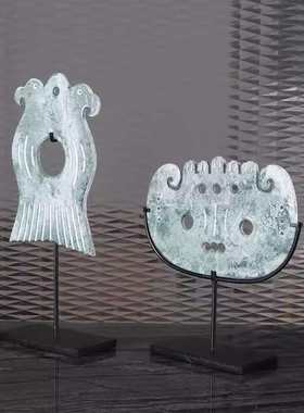 现代新中式创意雕刻玉石玉璧摆件家居样板间酒店客厅玄关软装饰品