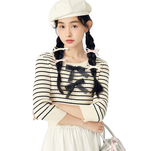 紫涵撞色条纹七分袖针织衫女春秋季新款甜美正反两穿修身套头毛衣