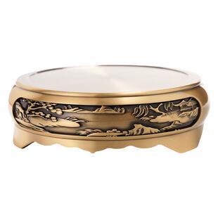 黄铜山水底座浮雕香炉圆形底座家用摆件工艺品铜底托创意铜器托架