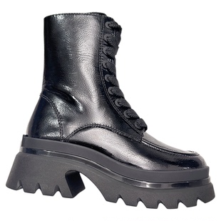 SL明星同款真皮圆头系带马丁靴防滑齿轮厚底增高短靴女SL321044