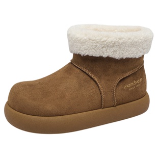 人本雪地靴女防水防滑2025冬季新款加绒加厚厚底皮毛一体保暖棉鞋