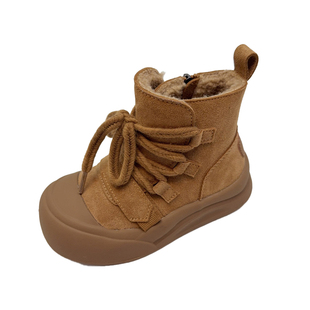 加厚加绒二棉靴大头丑萌韩版牛皮翻毛皮儿童男童女童短靴高帮真皮