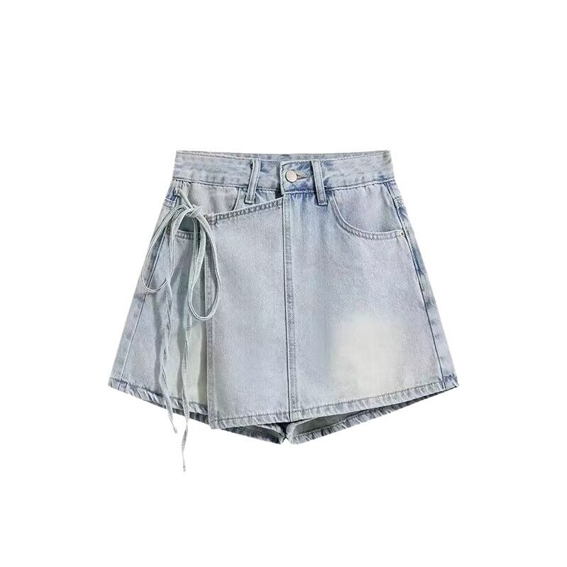 夏季浅蓝牛仔风高腰绑带半身裙