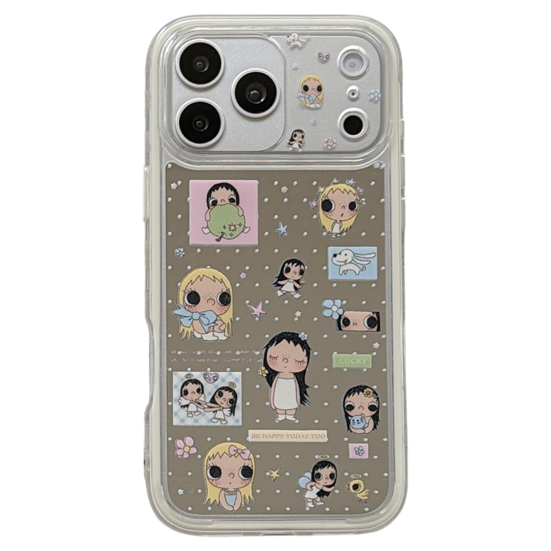 jze 超可爱波点卡通小女孩镜面适用苹果17ProMax手机壳iphone15新款16pro日韩17pro二合一14全包防摔手机套13