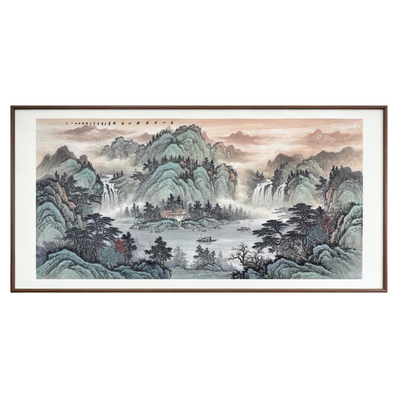 手绘青山绿水山水聚宝盆挂画