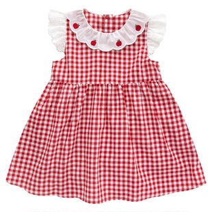 YOUGE幼歌 女童夏季新款莓果格纹小飞袖连衣裙宝宝可爱娃娃领裙子