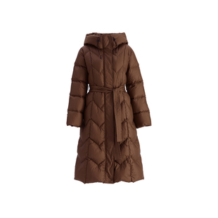 90鹅绒】OBEG欧碧倩加厚收腰羽绒服女连帽绗缝过膝长外套10484134